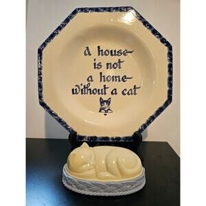 Lot Slab work wall hanging cat plate with Avon cat sleeping in basket lint brush